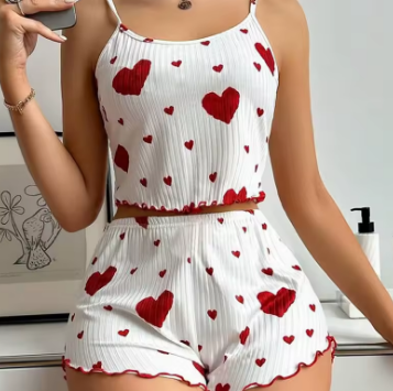 Women's 2-piece pajama set, tank top and shorts, sizes S, M, L, white, breathable, soft, casual, love print.